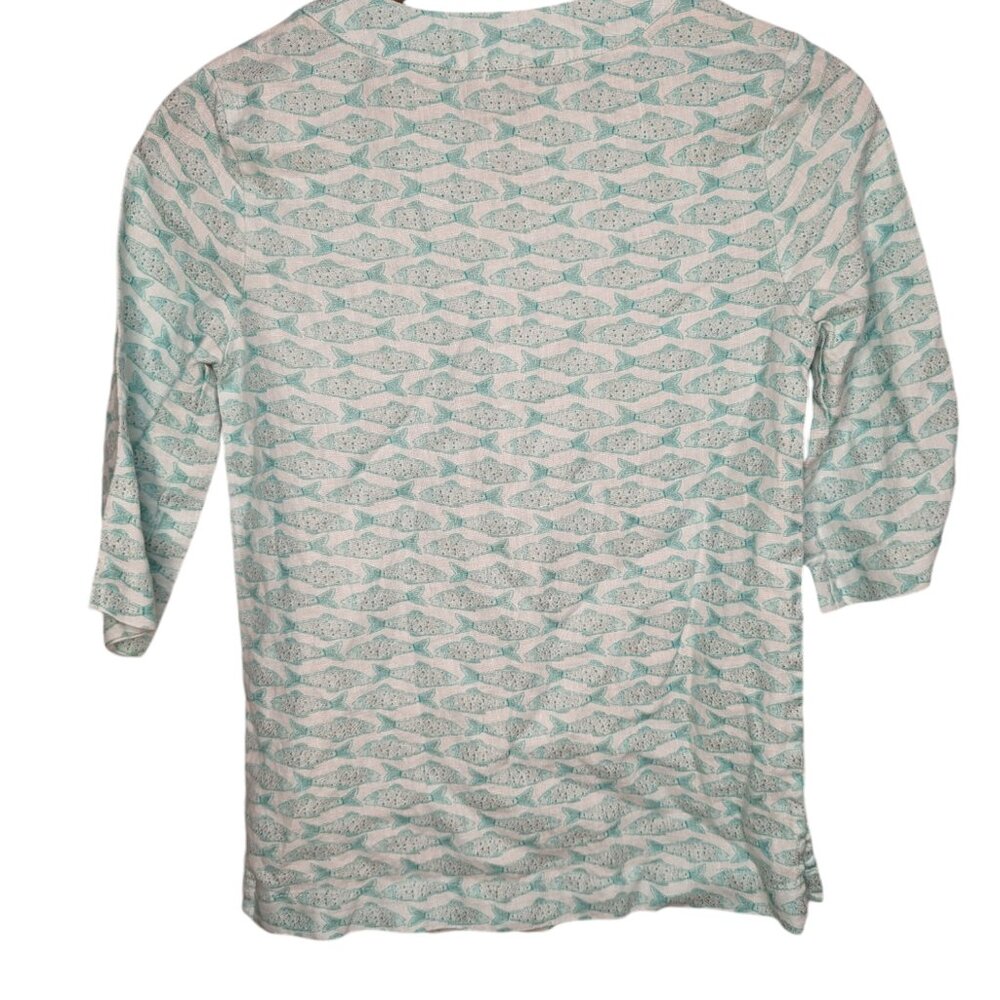 Vineyard Vines 100% Linen Teal Fish Print Girls Dress Size Small 6-7 3/4 Sleeve - Picture 4 of 4